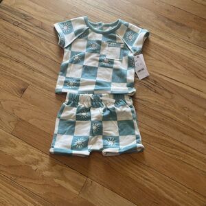 Grayson Mini 6-9 Mo Teal And Cream 2 Piece Short Set NWT